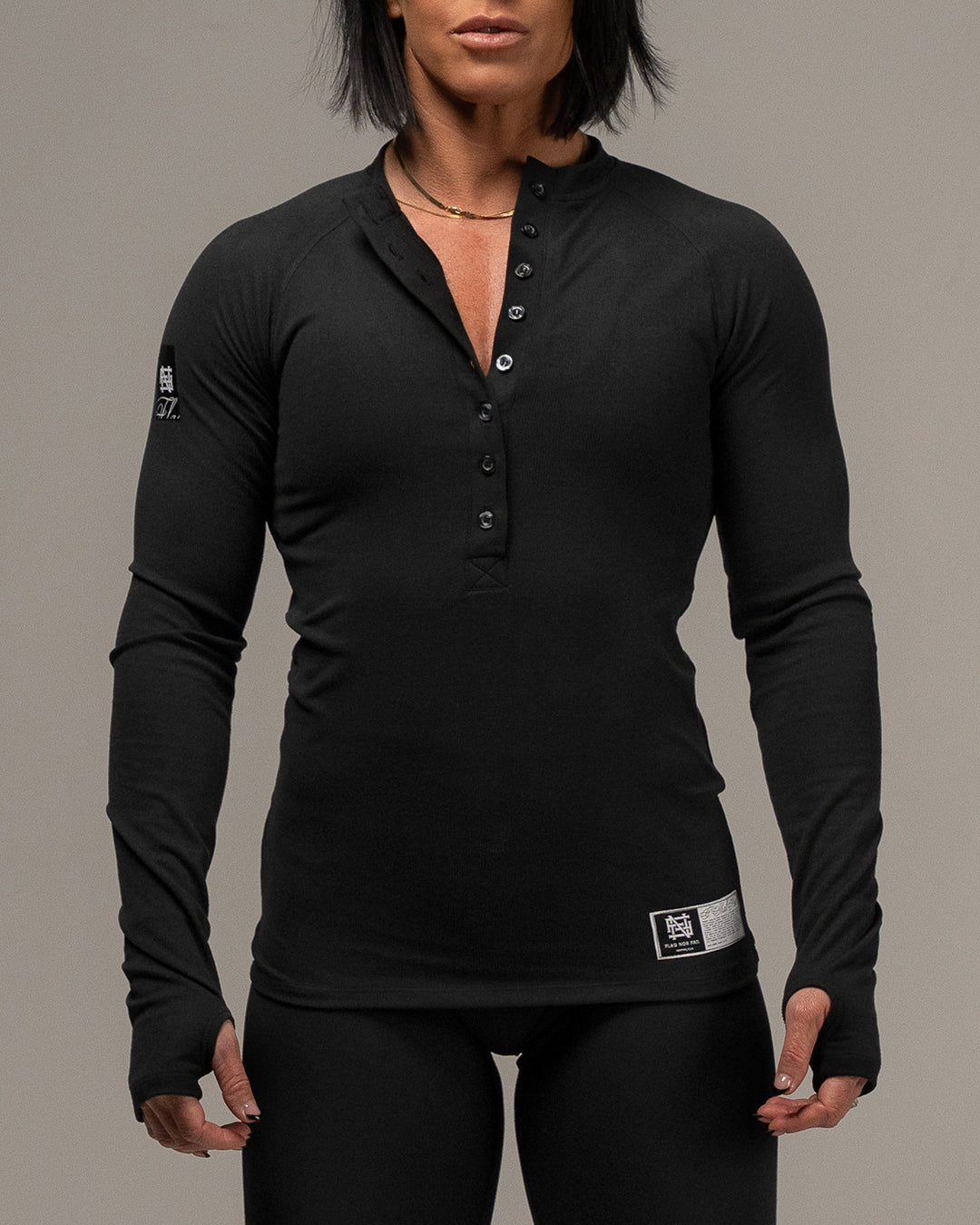 WOMENS RIBBED HENLEY - BLACK