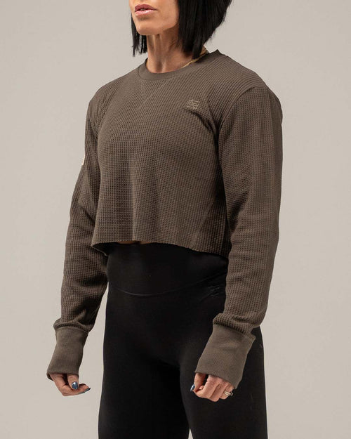 WOMEN'S FOREVER WAFFLE KNIT CROP - OLIVE GREY