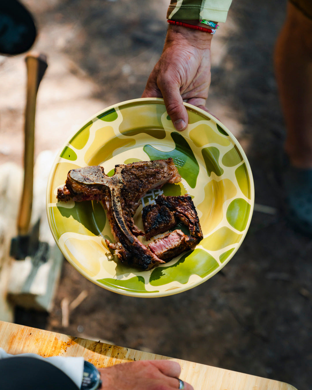 Hand holding a plate with cooked steak outdoors