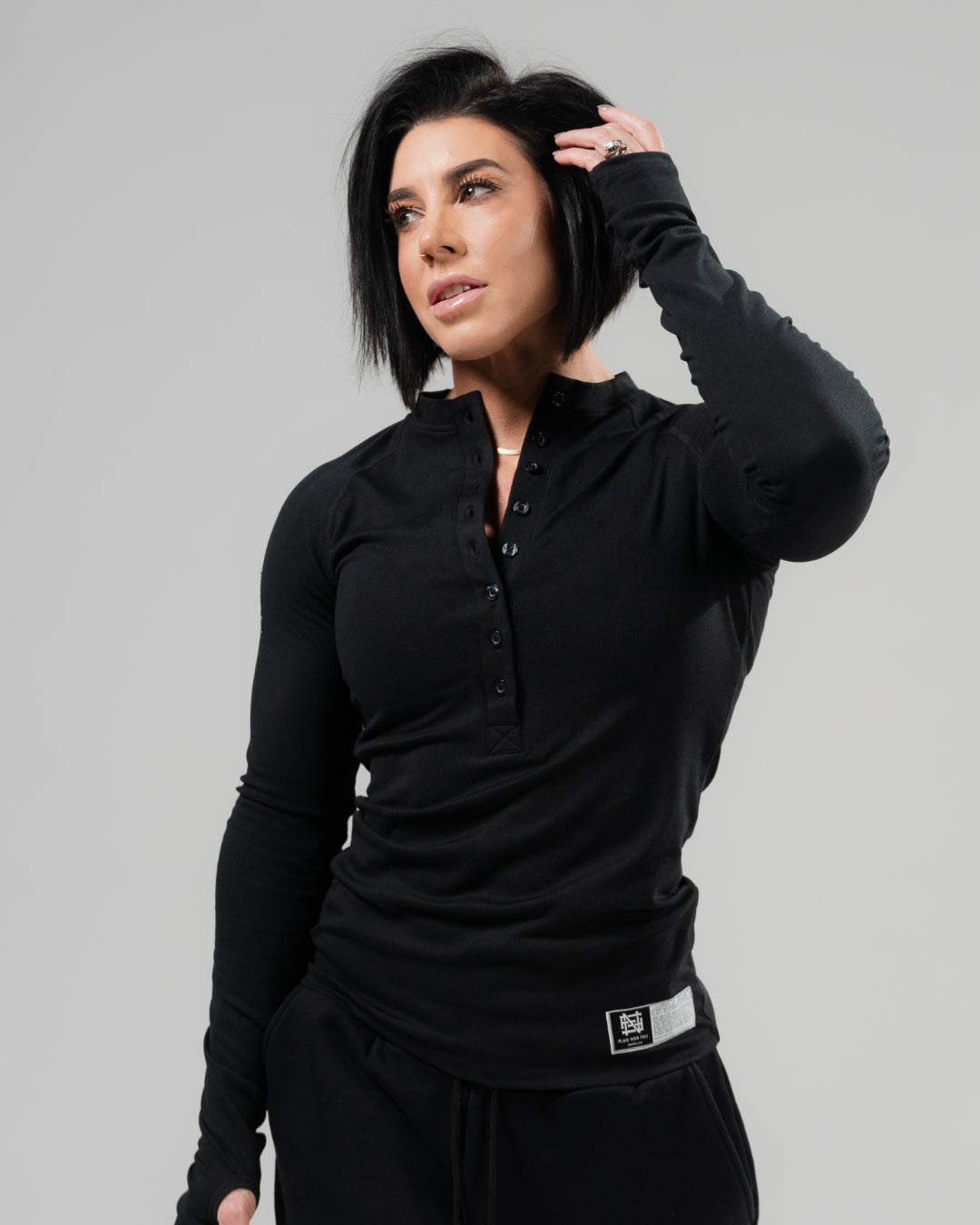 WOMENS RIBBED HENLEY - BLACK