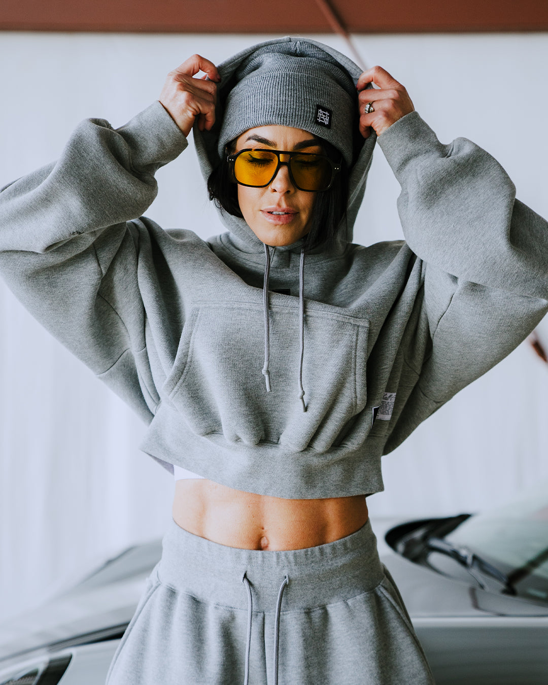 WOMENS OVERSIZED CROP HOODIE - HEATHER GREY